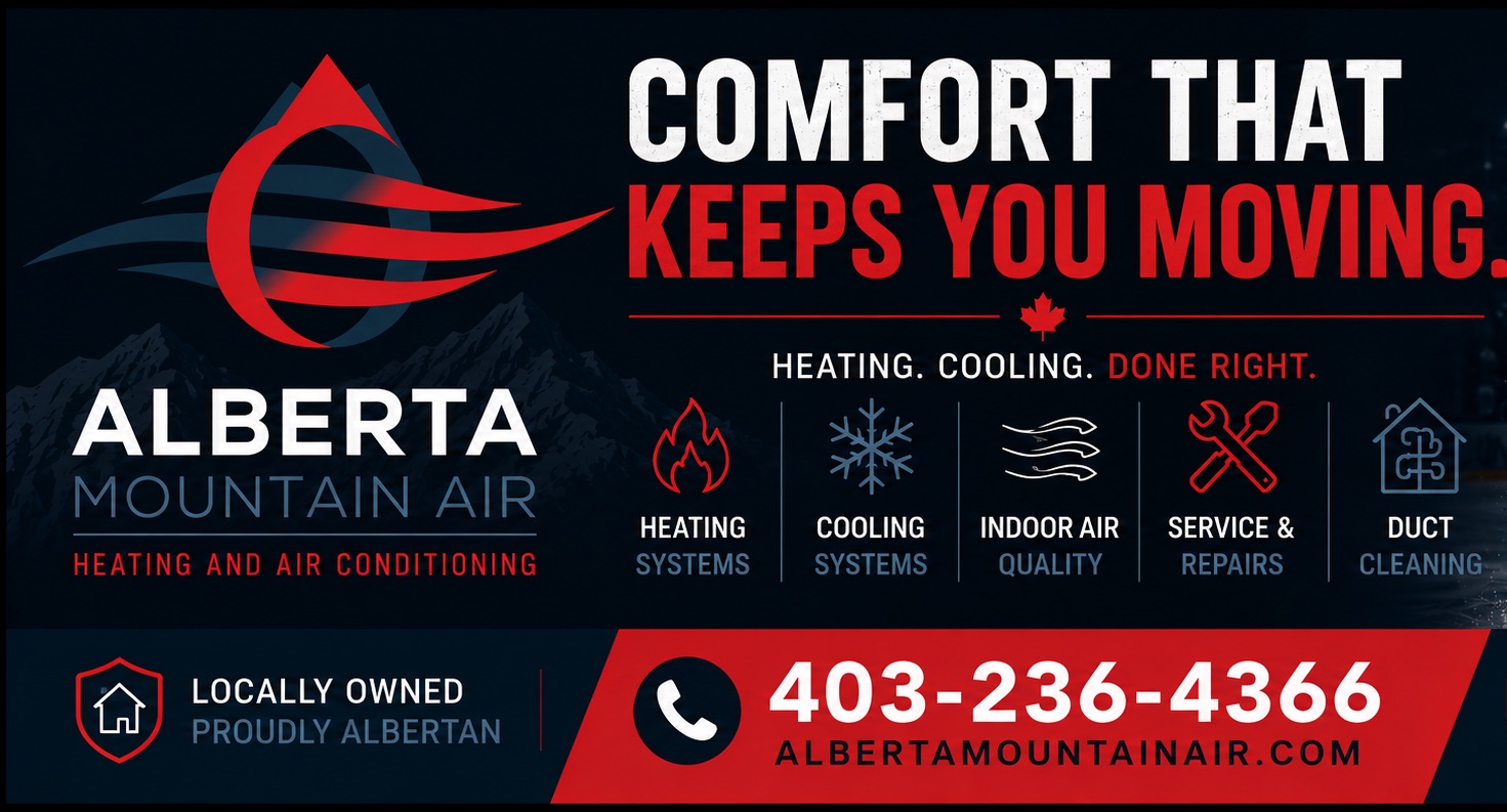 Alberta Mountain Air Okotoks Oilers sponsor artwork for heating, cooling, indoor air quality, service, and duct cleaning