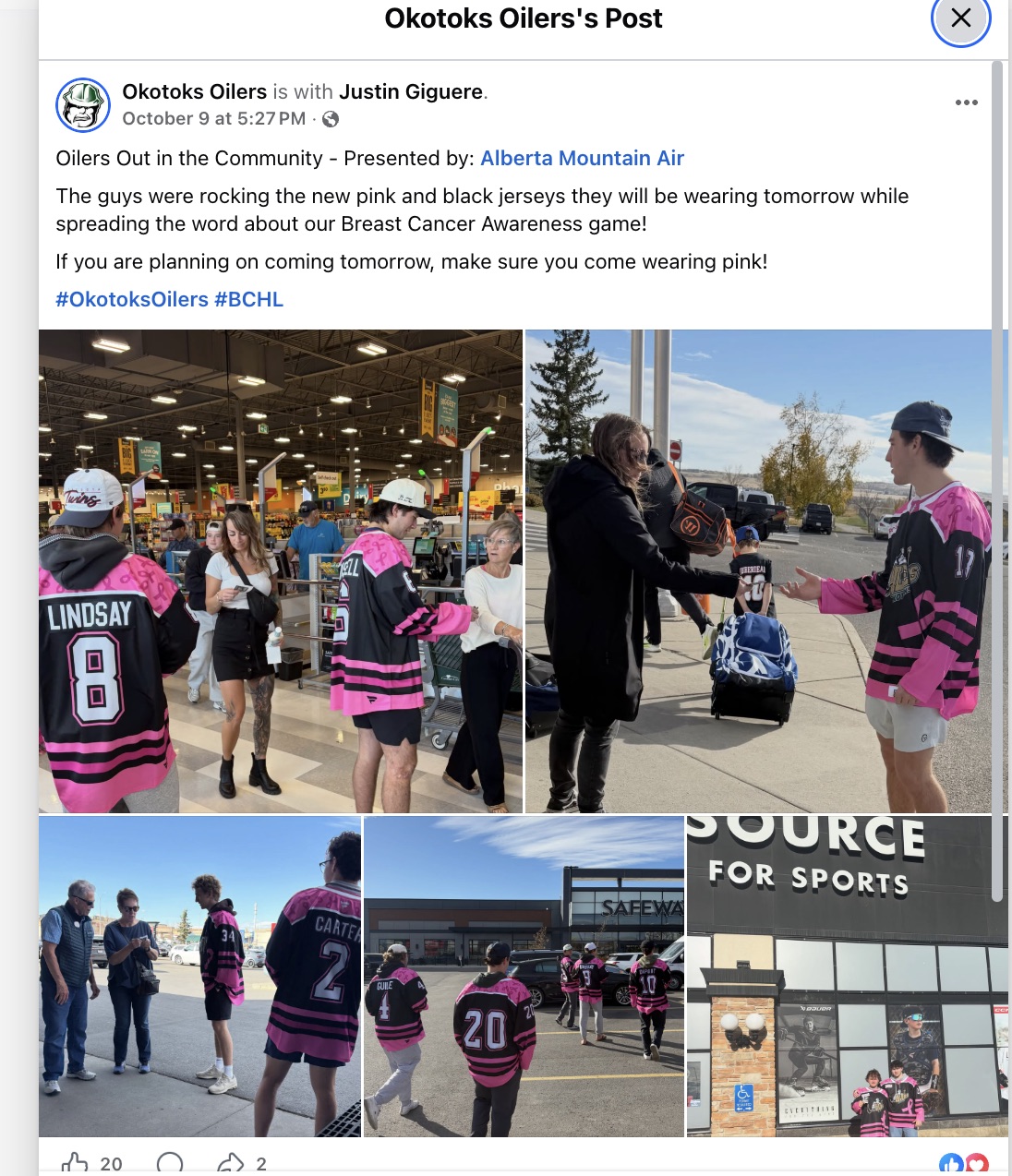 Screenshot of the Okotoks Oilers Facebook post presented by Alberta Mountain Air, showing players promoting the Breast Cancer Awareness game in pink-and-black jerseys