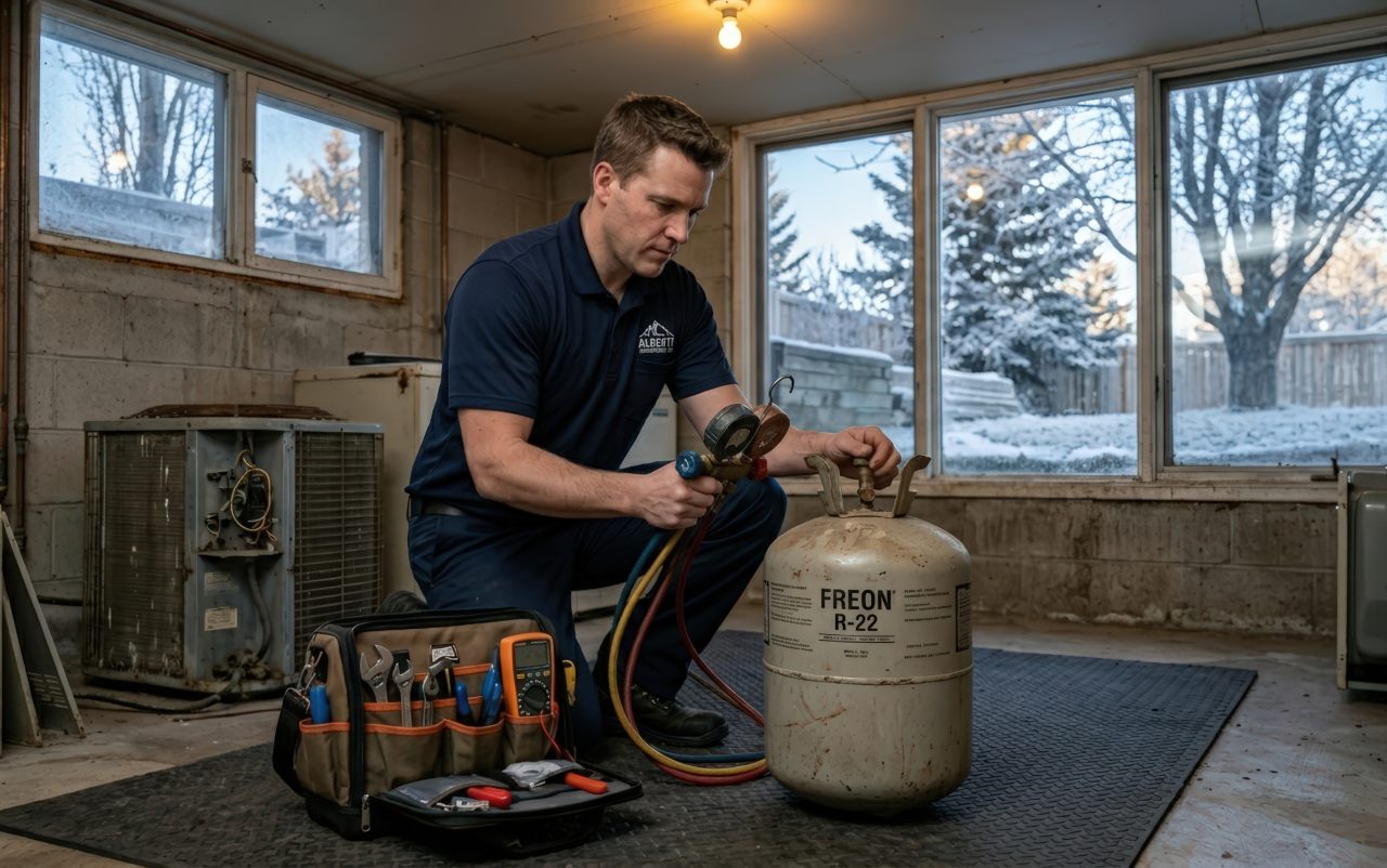HVAC technician with R-22 Freon refrigerant