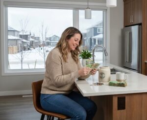 Woman at a kitchen island counting cash and coins beside a savings jar, illustrating household savings and the Alberta rebate incentive.