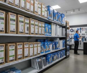 Store aisle displaying a wide selection of furnace filters in Alberta, including different MERV ratings and sizes for home HVAC systems.