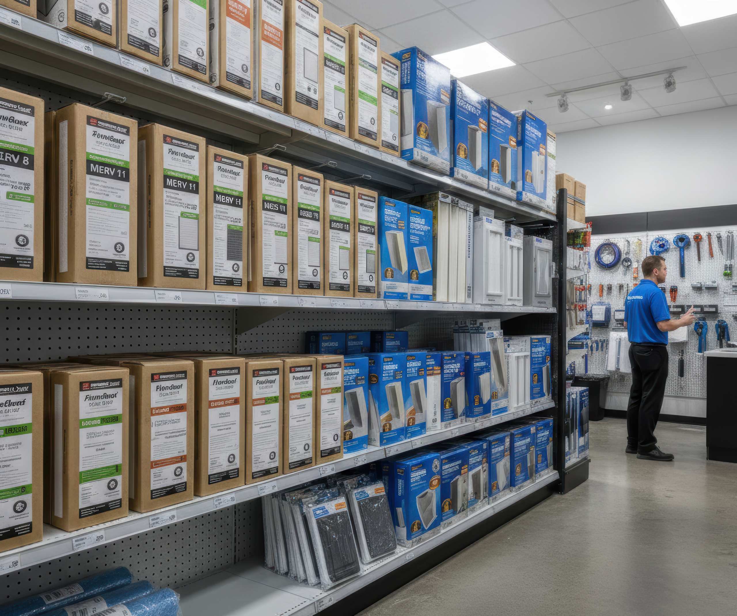 Store aisle displaying a wide selection of furnace filters in Alberta, including different MERV ratings and sizes for home HVAC systems.