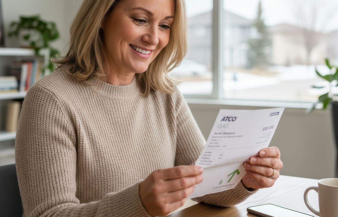 Smiling homeowner reviewing an energy bill at the table, showing long-term cost savings after upgrading to a more efficient home heating system.