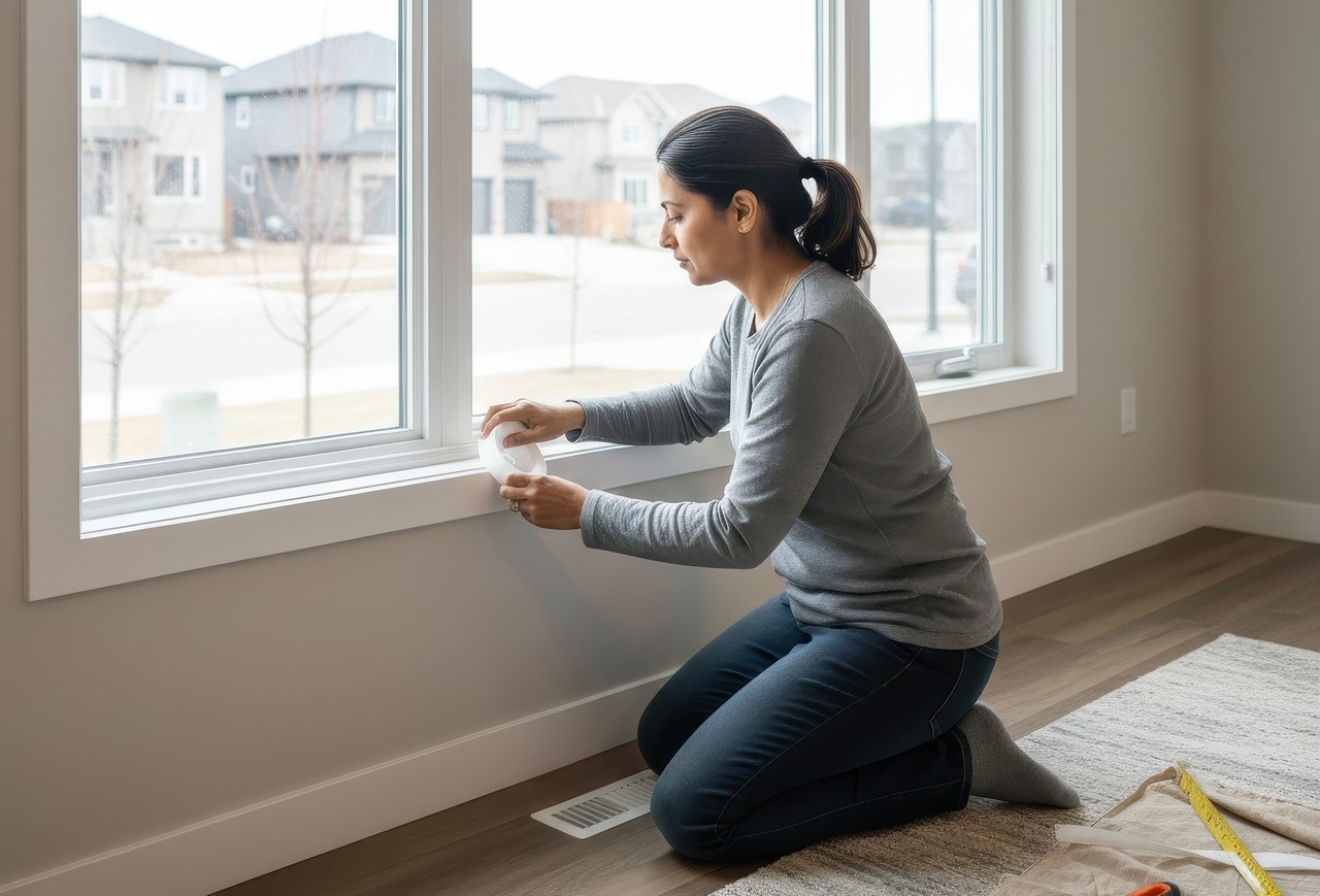 Homeowner sealing a window with weatherstripping to improve insulation and reduce heat loss inside the home.