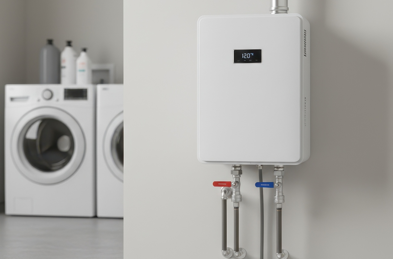 Modern tankless water heater with digital display mounted on a wall in a home laundry area.