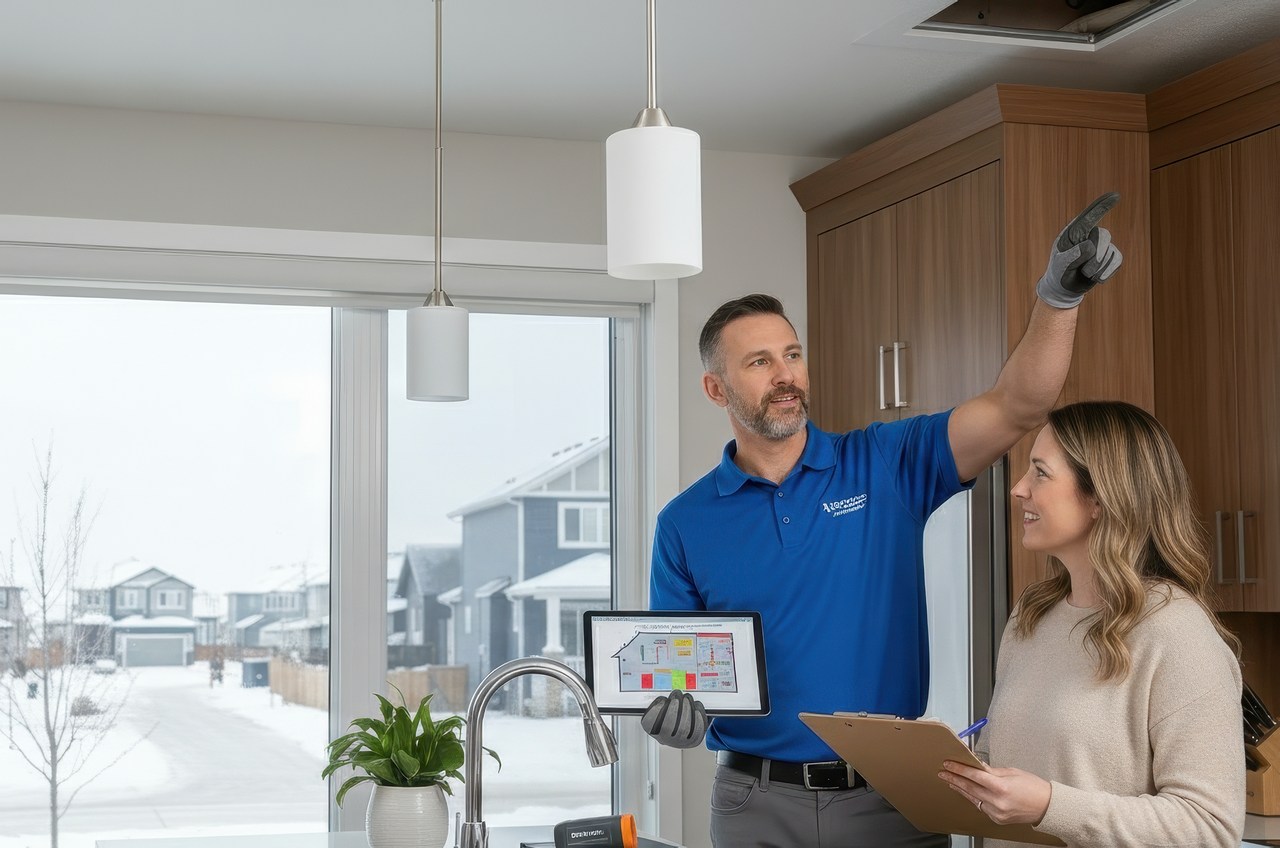 HVAC technician explaining a home heating upgrade to a homeowner while reviewing details on a tablet inside a modern kitchen.