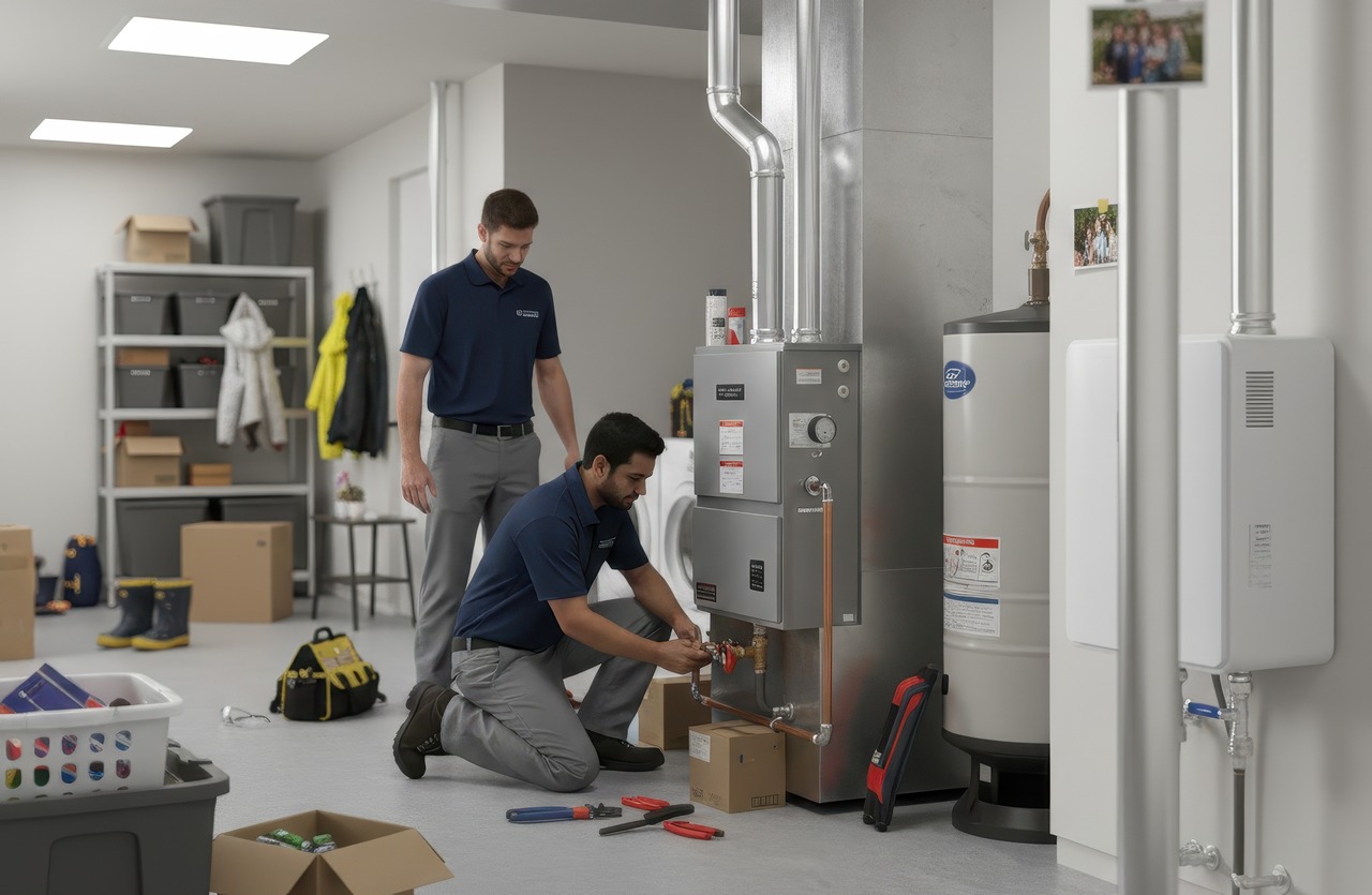 Two HVAC technicians installing and upgrading a home heating system in a utility room, with tools laid out on the floor and a water heater positioned beside the new unit.