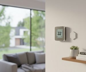 Smart home thermostat mounted on a living room wall showing 22°C, illustrating the question are smart thermostats worth it for energy savings and comfort.