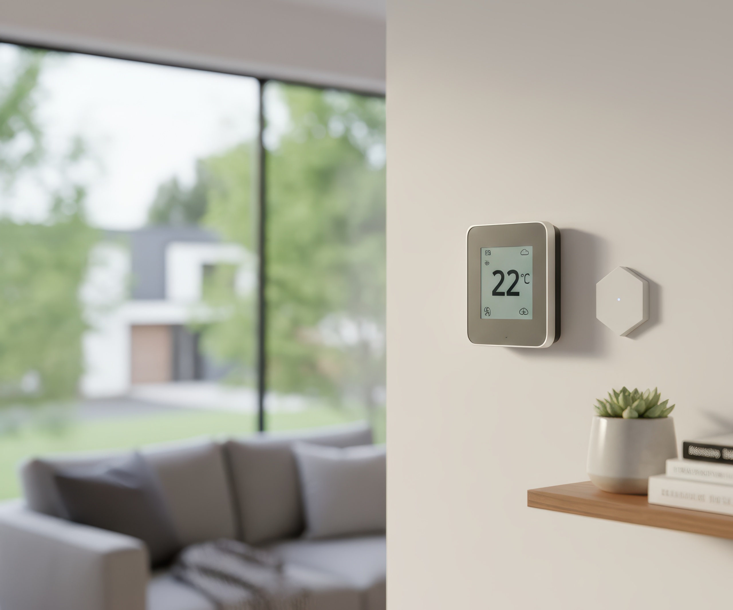 Smart home thermostat mounted on a living room wall showing 22°C, illustrating the question are smart thermostats worth it for energy savings and comfort.