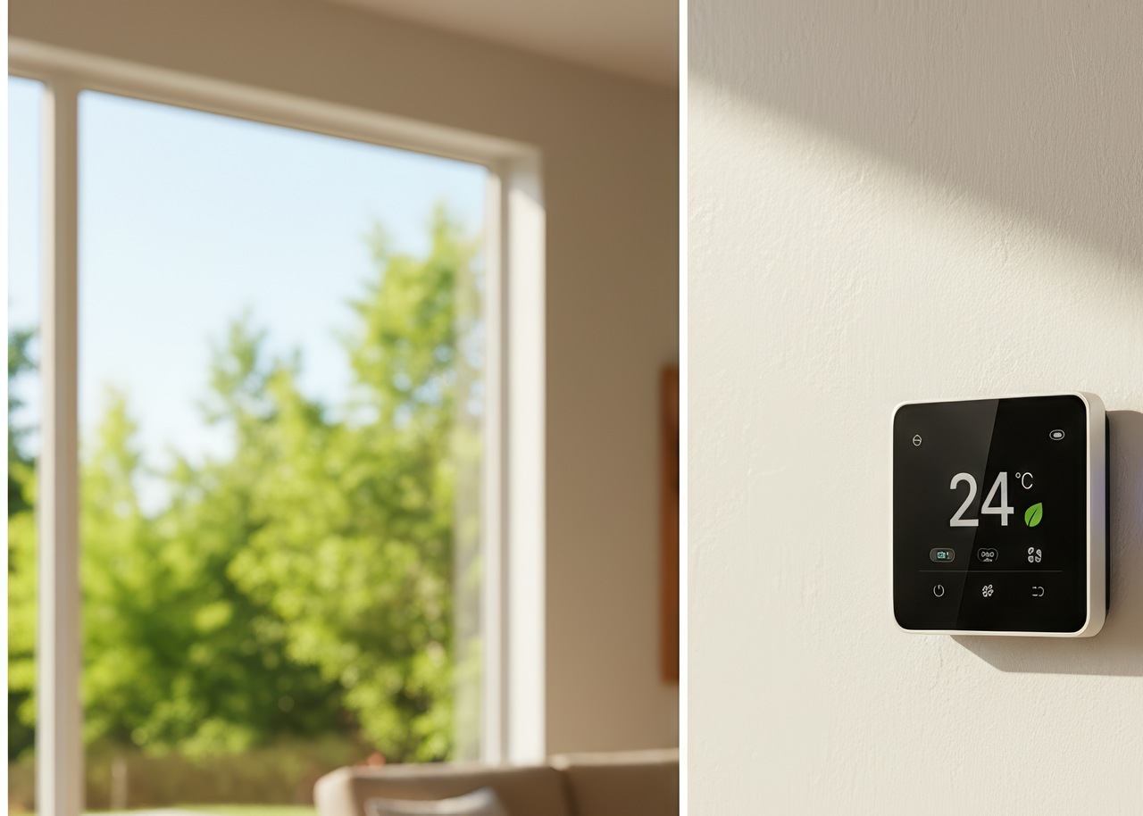 Smart thermostat mounted on a wall displaying 24°C temperature setting in a bright home interior with a window view of greenery outside.