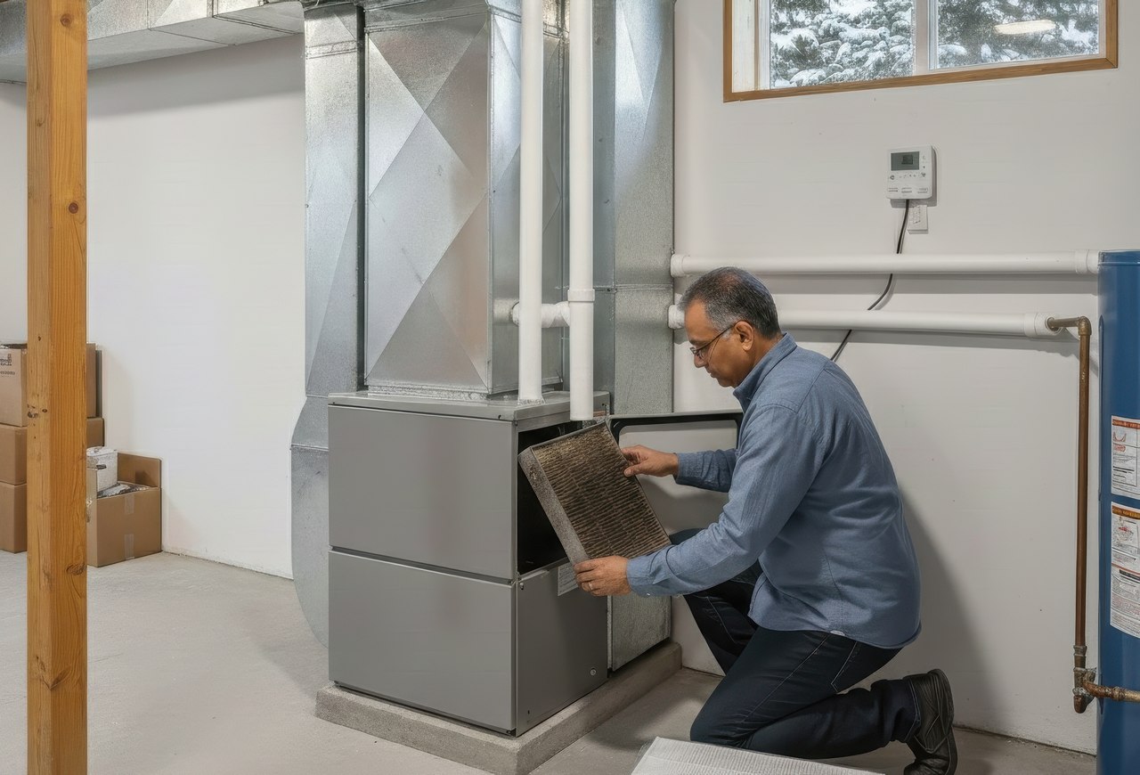 Homeowner replacing a furnace air filter in a basement HVAC system, with ductwork and thermostat visible nearby.