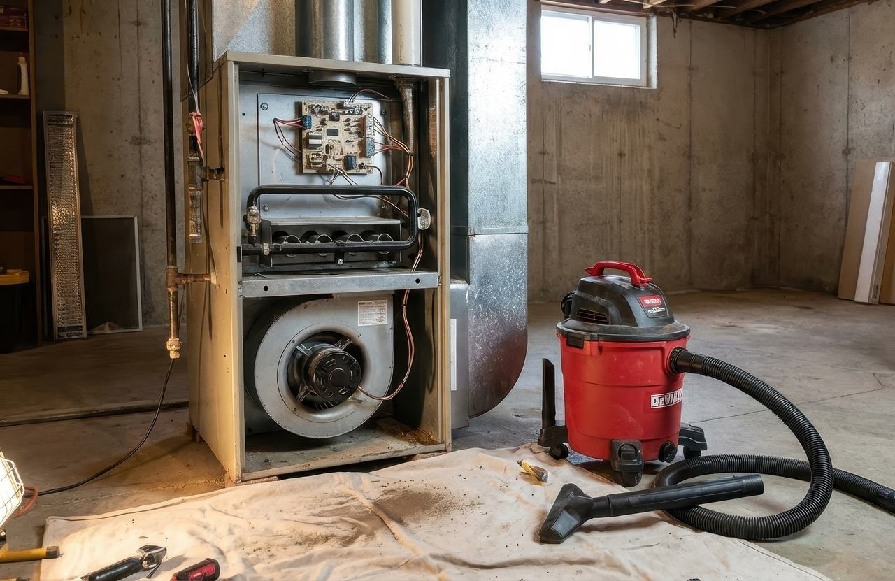 Open residential furnace in a basement with internal components exposed, tools and a shop vacuum placed nearby during cleaning.