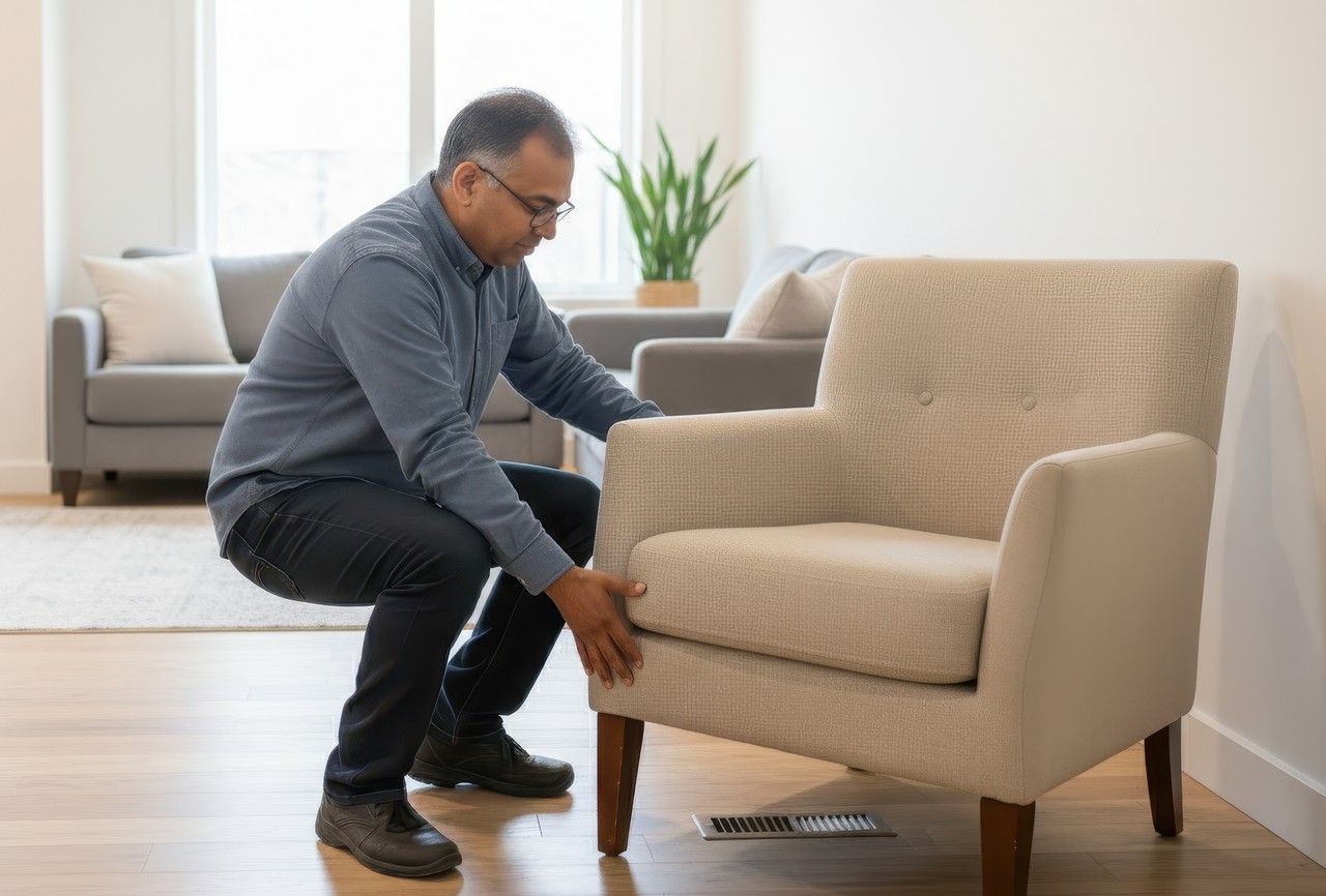 Man moving an armchair away from a floor air vent in a living room to improve airflow and HVAC efficiency.