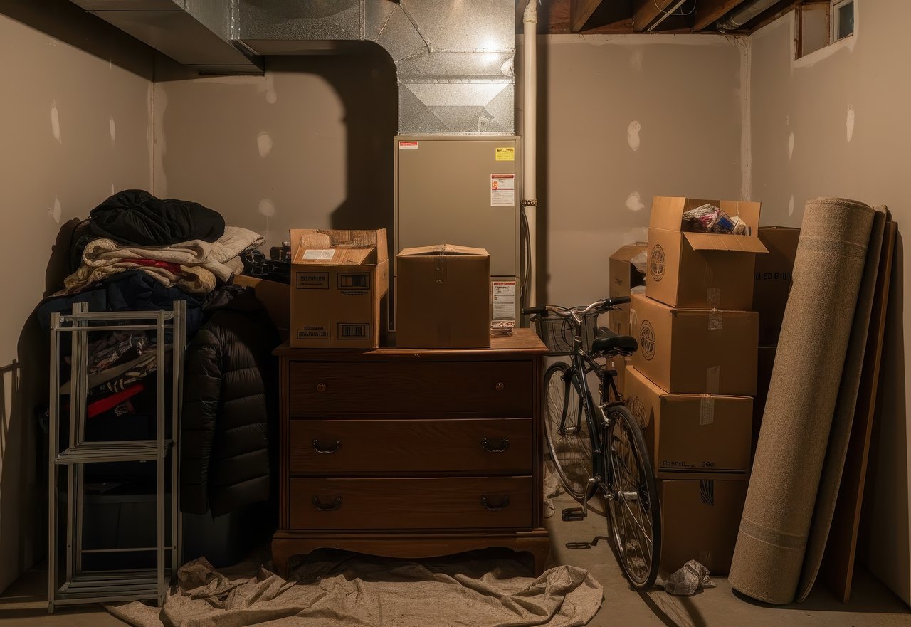 Cluttered basement with boxes, furniture, and stored items placed close to a residential furnace and exposed ductwork.