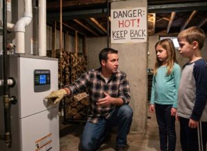 Parent explaining furnace safety tips to children in a basement, pointing at the furnace beneath a visible hot surface warning sign.