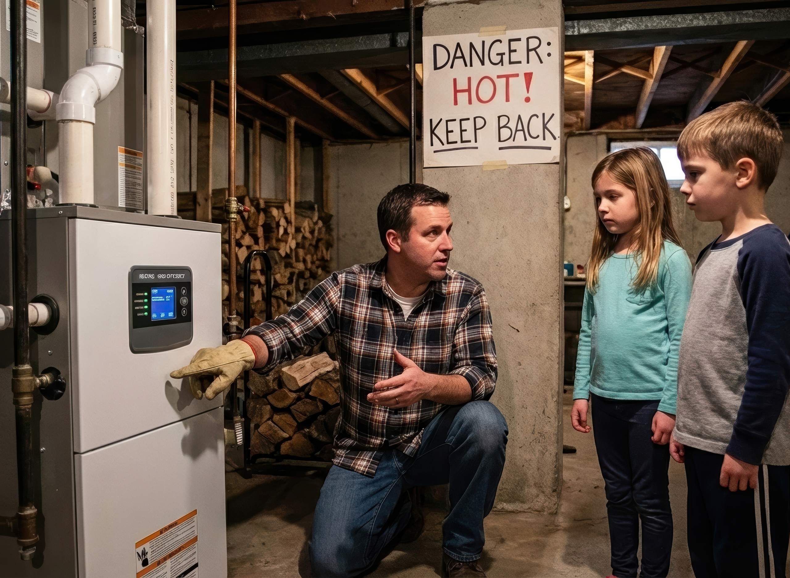 Parent explaining furnace safety tips to children in a basement, pointing at the furnace beneath a visible hot surface warning sign.