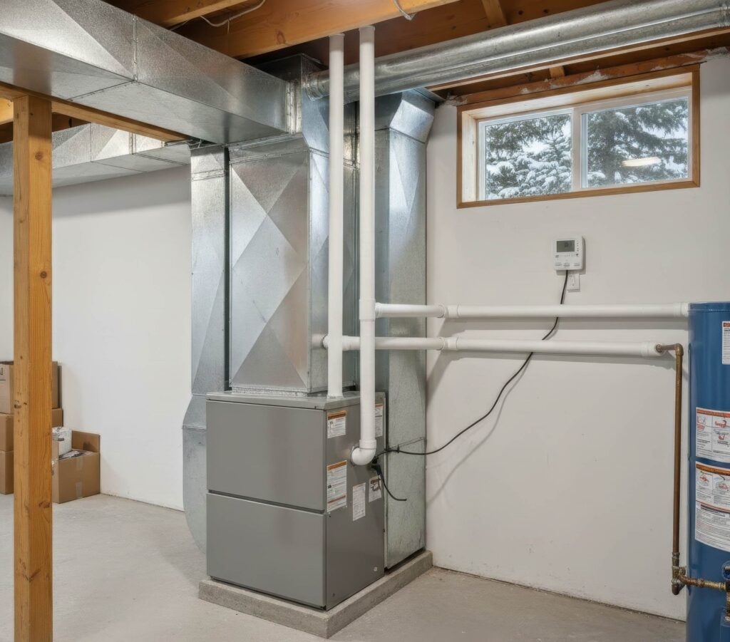 Basement furnace connected to ductwork and vent pipes, showing a typical home heating system setup after a new furnace installation.