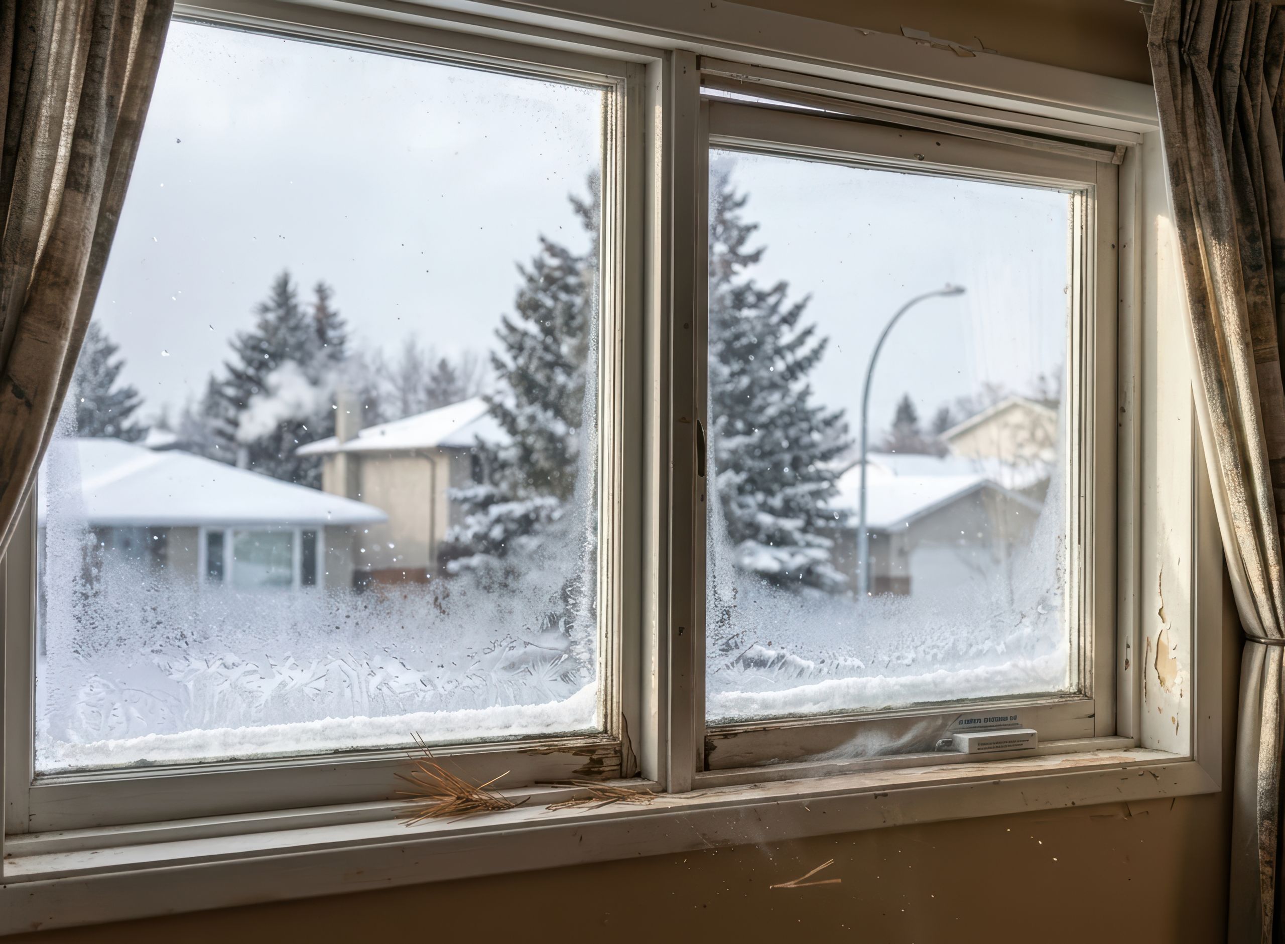 Frost and condensation on an old, leaky window with snowy houses outside, illustrating how leaky windows affect your home's heating during winter.