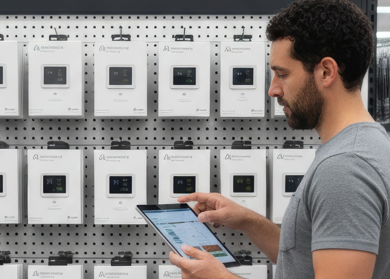 Man comparing different smart thermostats in a store while using a tablet to review features and prices.