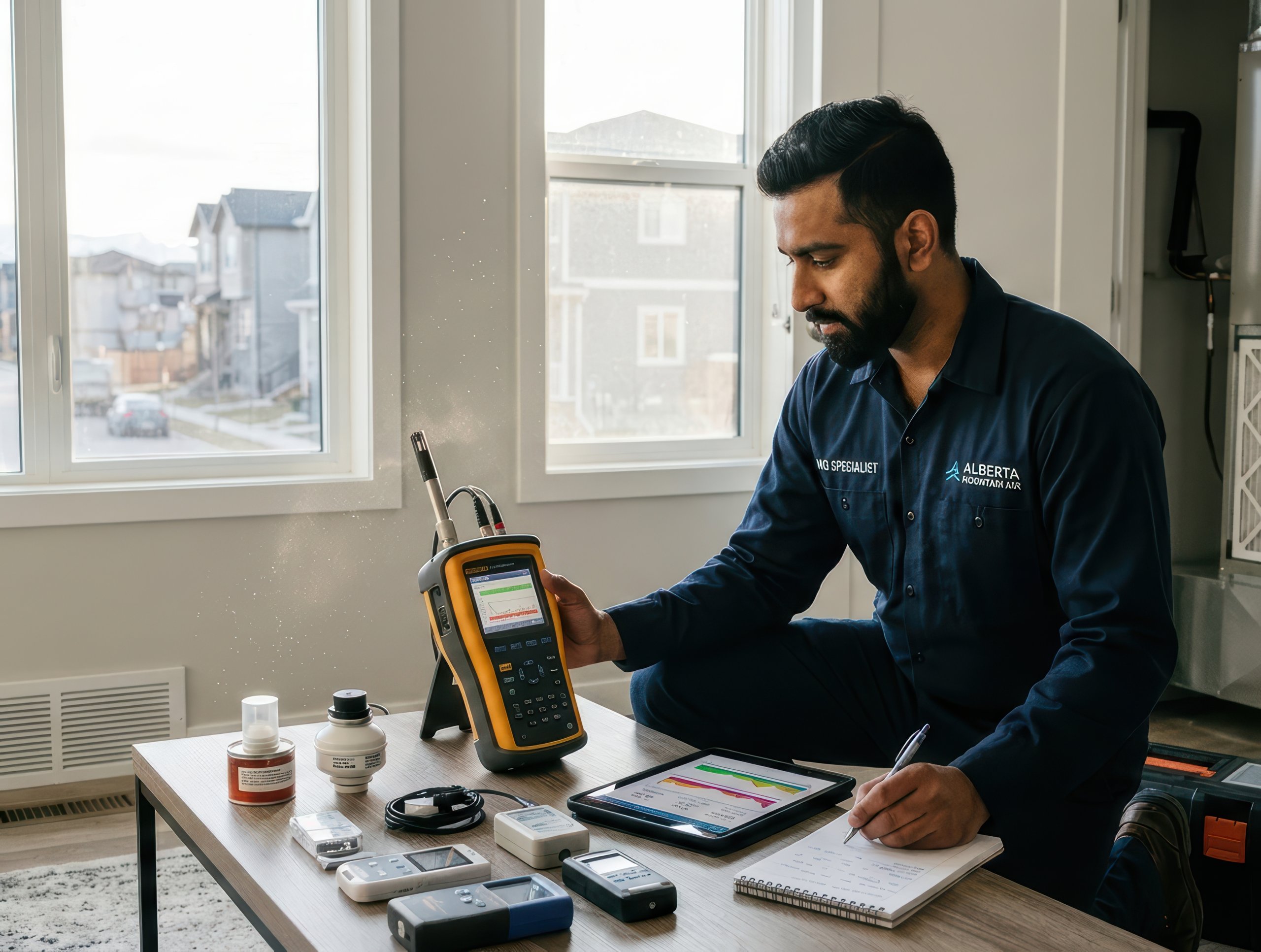 An Alberta Mountain Air specialist uses high-tech sensors for IAQ testing in Calgary to ensure a healthy indoor environment for a home.