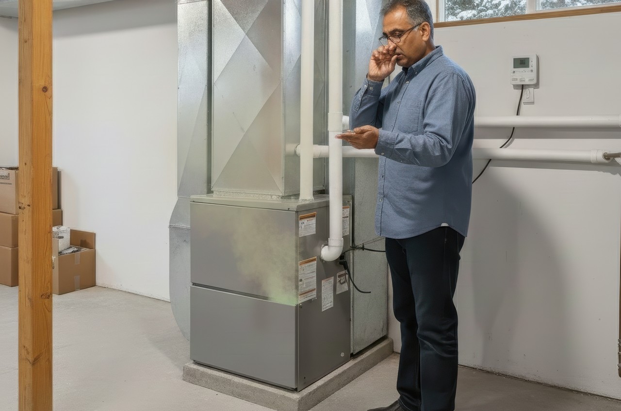 Homeowner standing beside a basement furnace, checking for unusual odors while holding a phone near the heating unit.