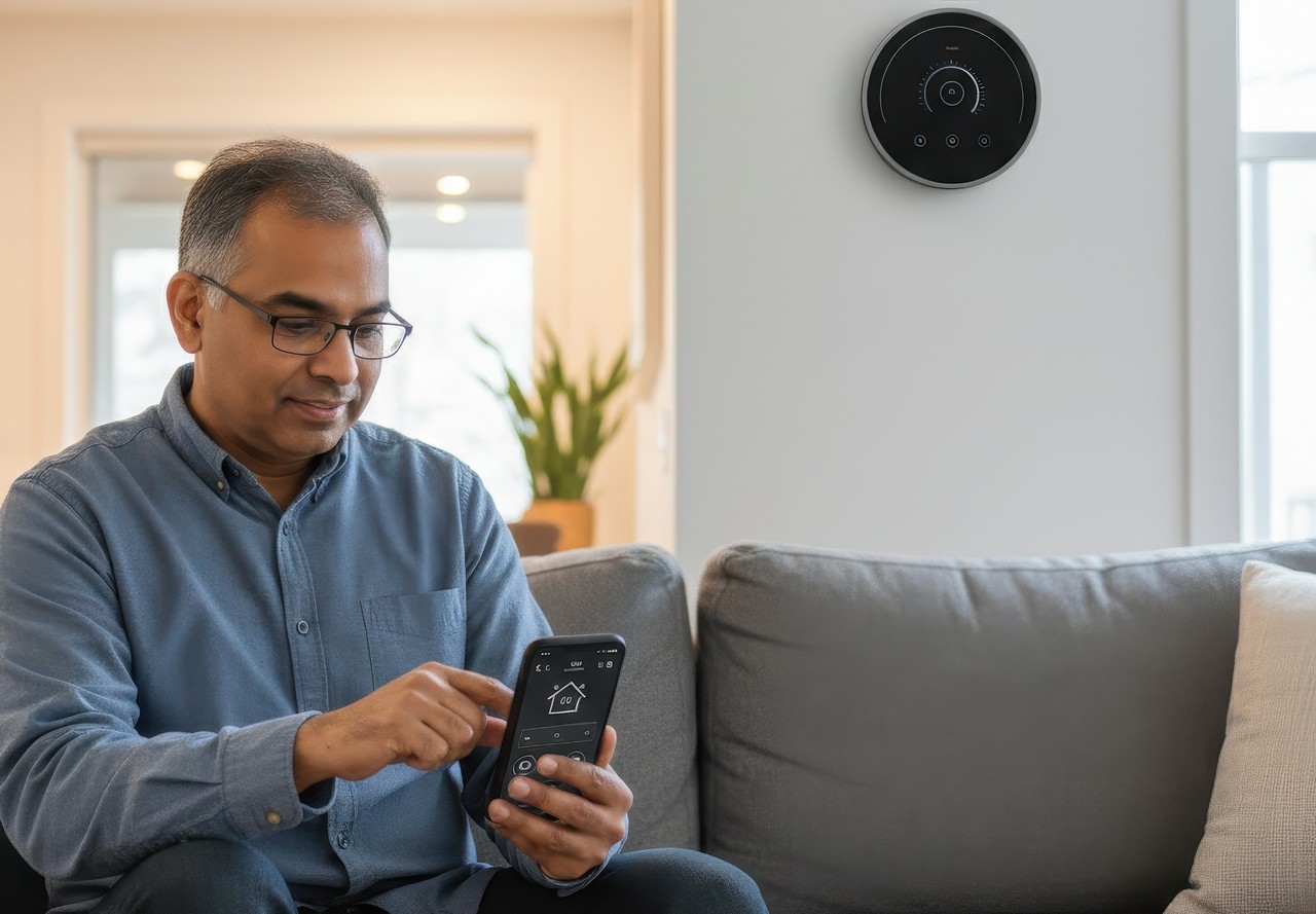 Homeowner adjusting smart thermostat settings on a smartphone while sitting on a couch, with a wall-mounted thermostat visible nearby.