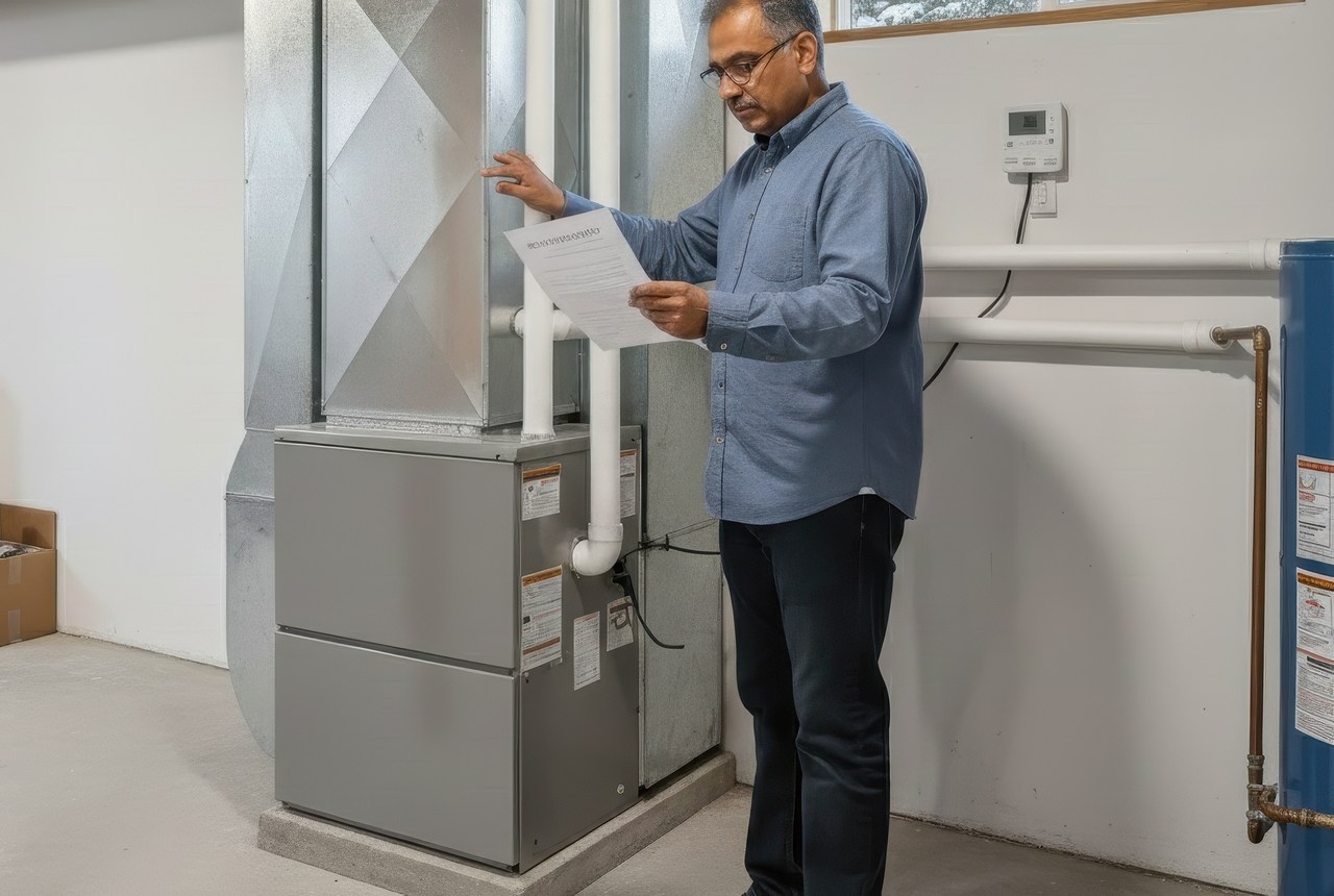 Homeowner reading paperwork beside a basement furnace with ductwork, vent pipes, thermostat, and water heater visible nearby.