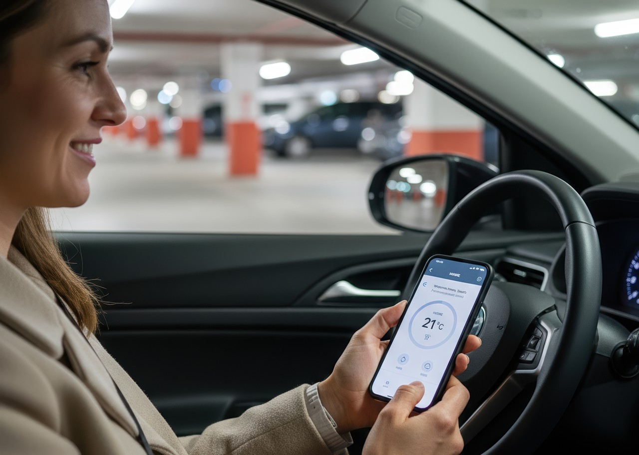 Woman sitting in a parked car adjusting her home temperature using a smart thermostat app on her smartphone.