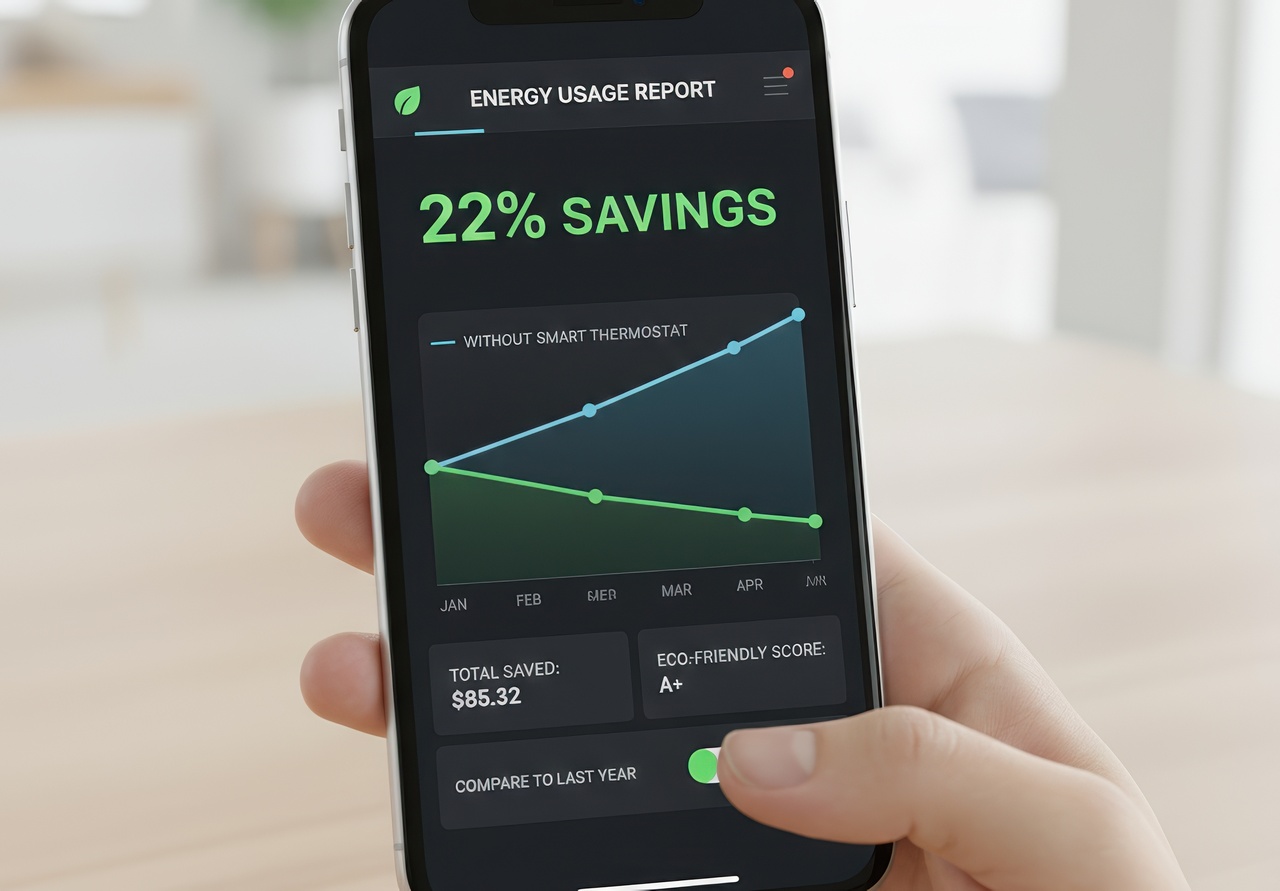 Close-up of a hand holding a smartphone displaying an energy usage report with a 22% savings graph, showing how a smart thermostat can track efficiency and reduce energy costs.
