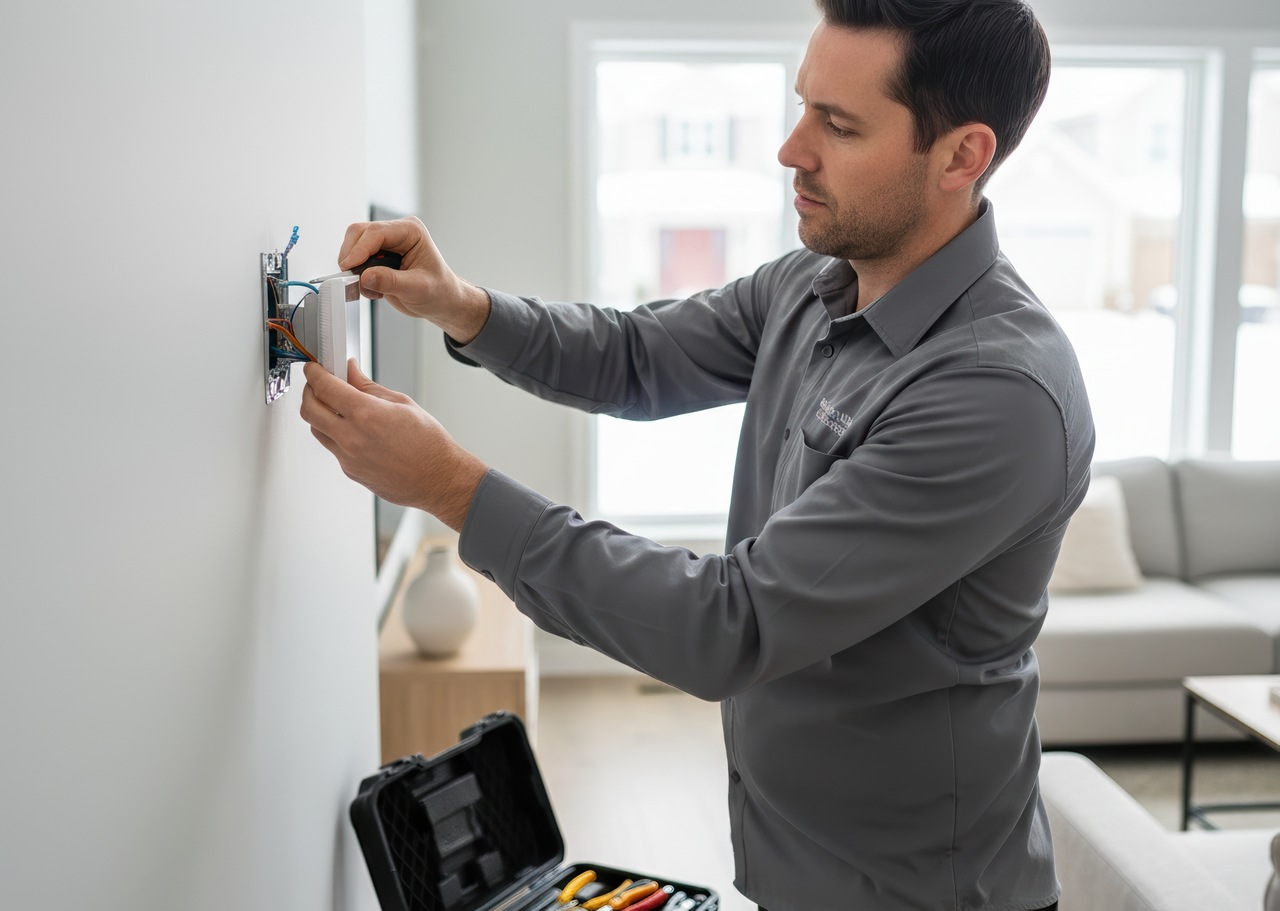 Male technician installing a smart thermostat on a wall, connecting wires during a home thermostat setup.