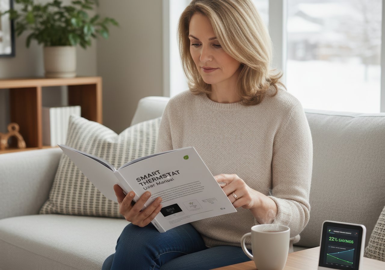 Woman sitting on a couch reading a smart thermostat user manual, with a thermostat display showing energy savings on a nearby table.