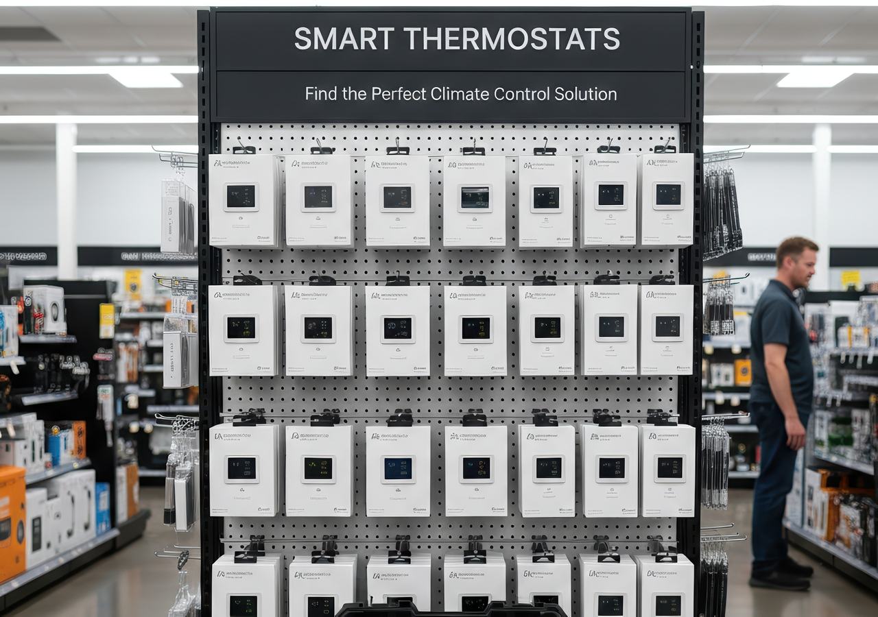 Retail store display of multiple smart thermostats for sale, showing different models and price options on a wall-mounted shelf.