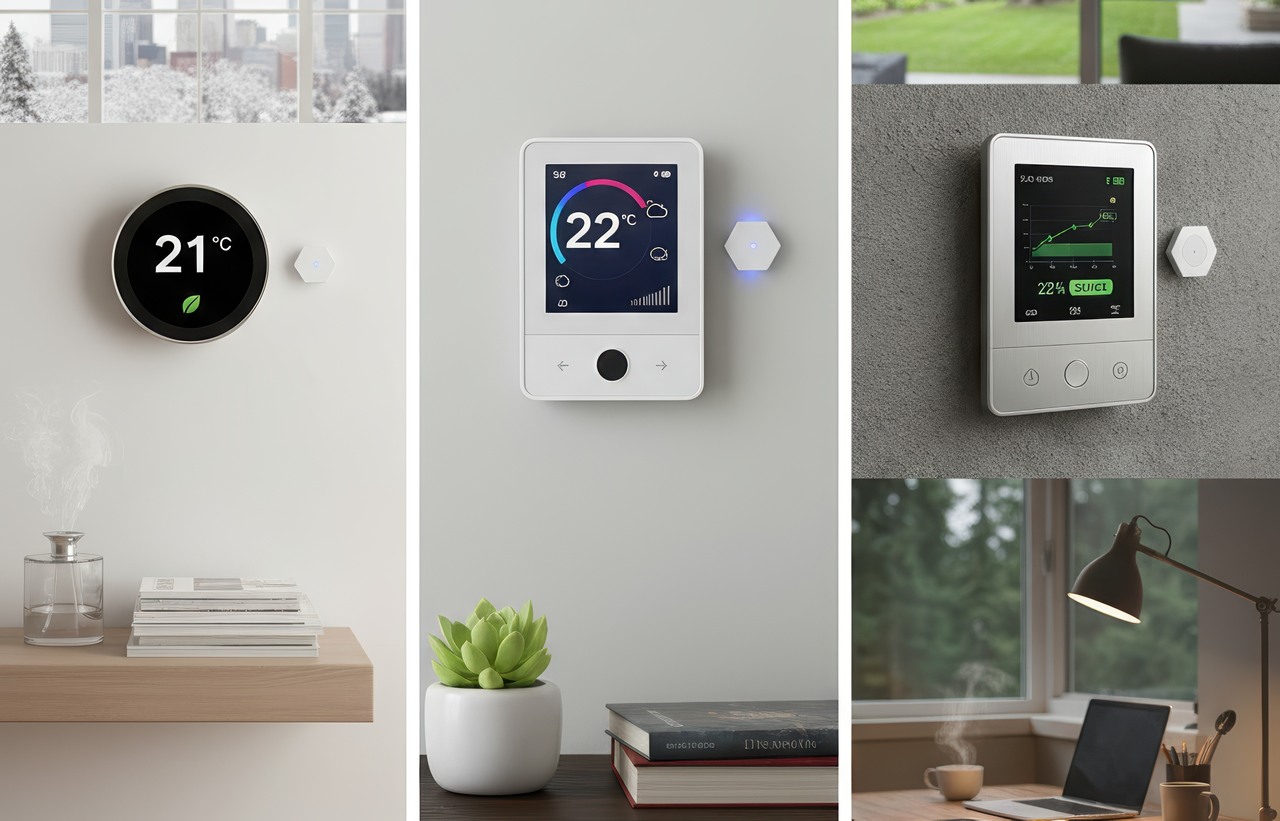 Collage showing different smart thermostat models mounted on walls in home interiors, displaying temperature settings, energy usage data, and modern climate control features.