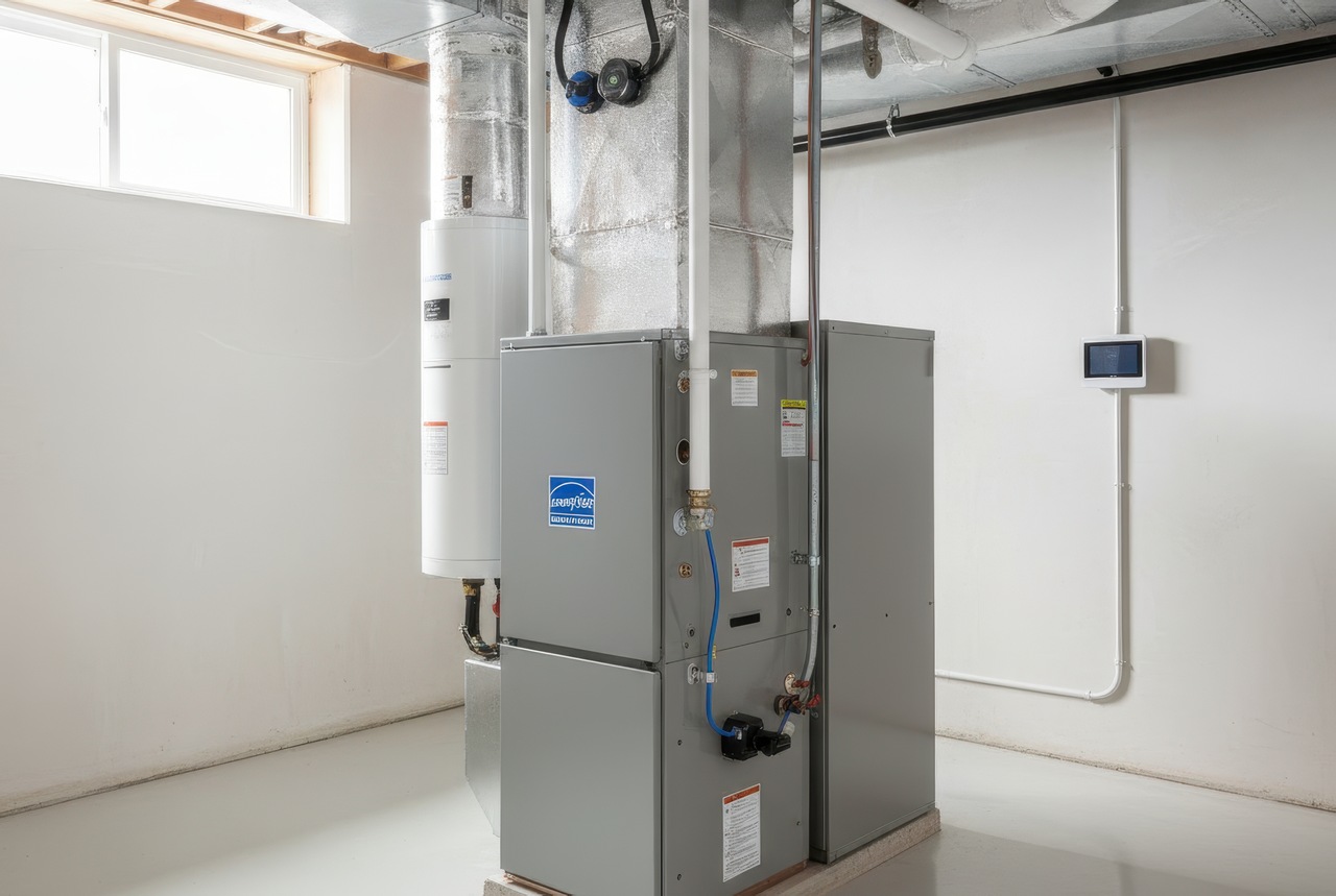 Energy-efficient HVAC system installed in a clean basement, featuring a modern furnace, ductwork, and water heater.