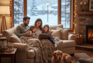 Family relaxing together on a sofa in a warm living room during winter, showing enhanced home comfort and indoor warmth.