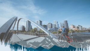 Cyclist riding across Calgary’s Peace Bridge with downtown skyline, a city where homeowners often compare furnace cost Calgary.