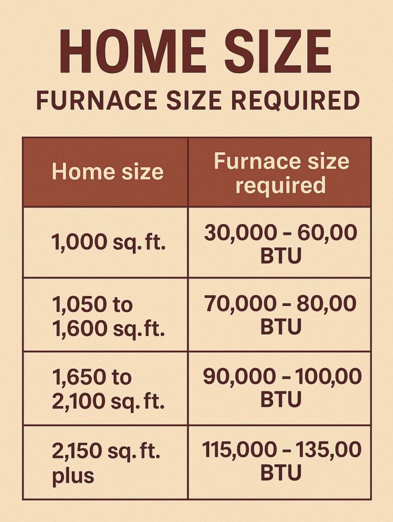 Chart showing home size and required furnace BTU, helping homeowners estimate furnace size and furnace cost Calgary.