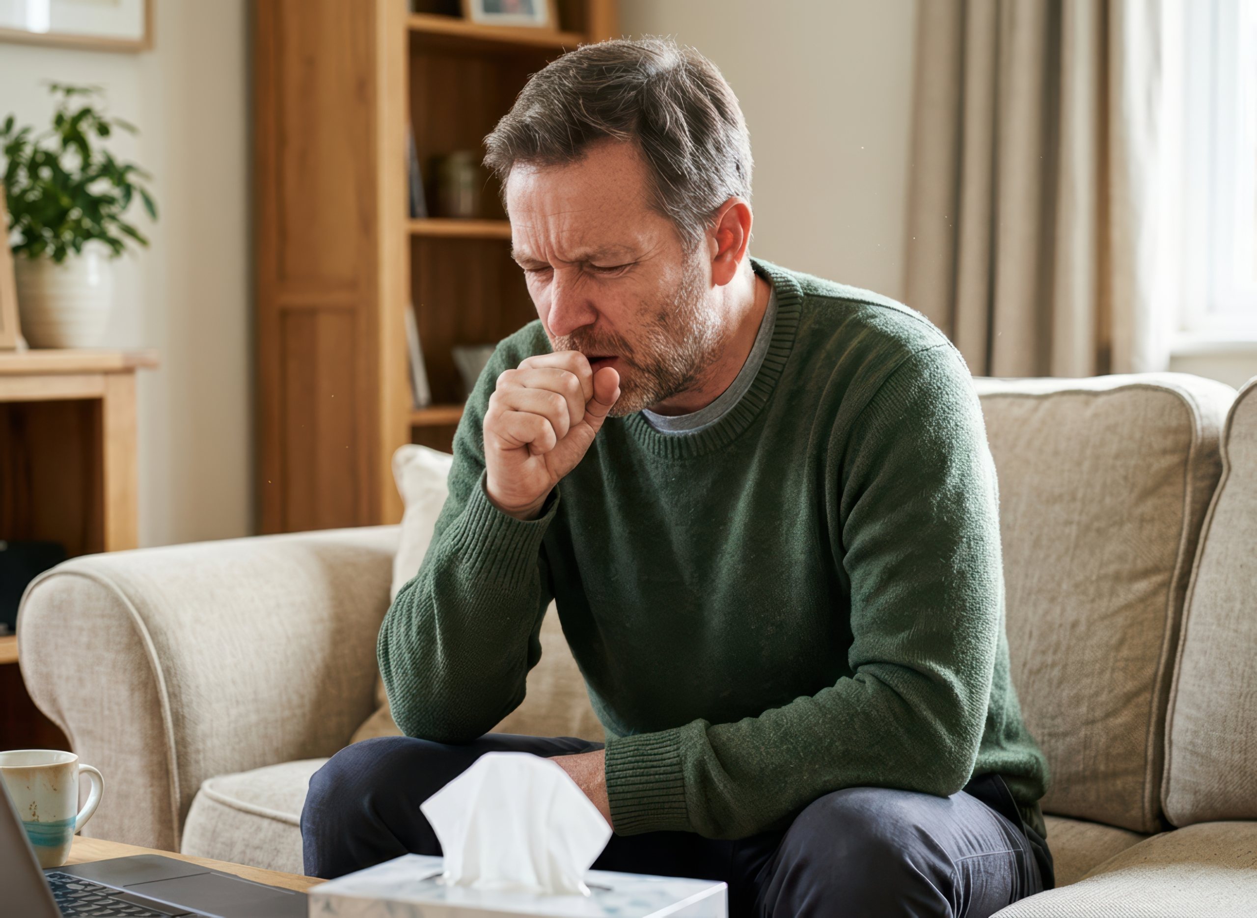 A professional photograph captures a middle-aged man coughing on his couch near an open box of tissues. The warm home setting provides context for how poor indoor air quality affects your home and causes respiratory discomfort.