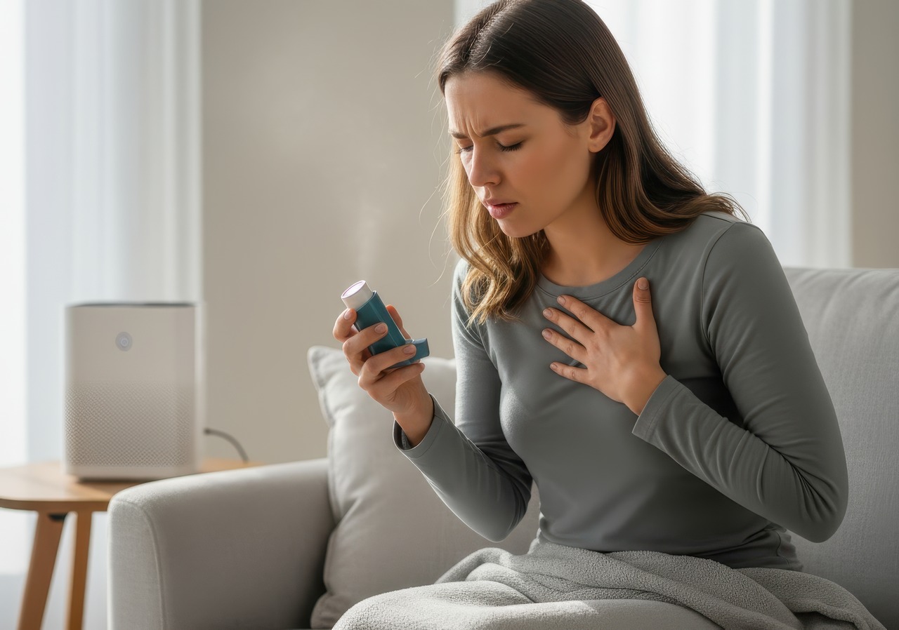 Woman holding an inhaler while struggling to breathe at home, showing how poor indoor air quality can affect asthma and allergies.
