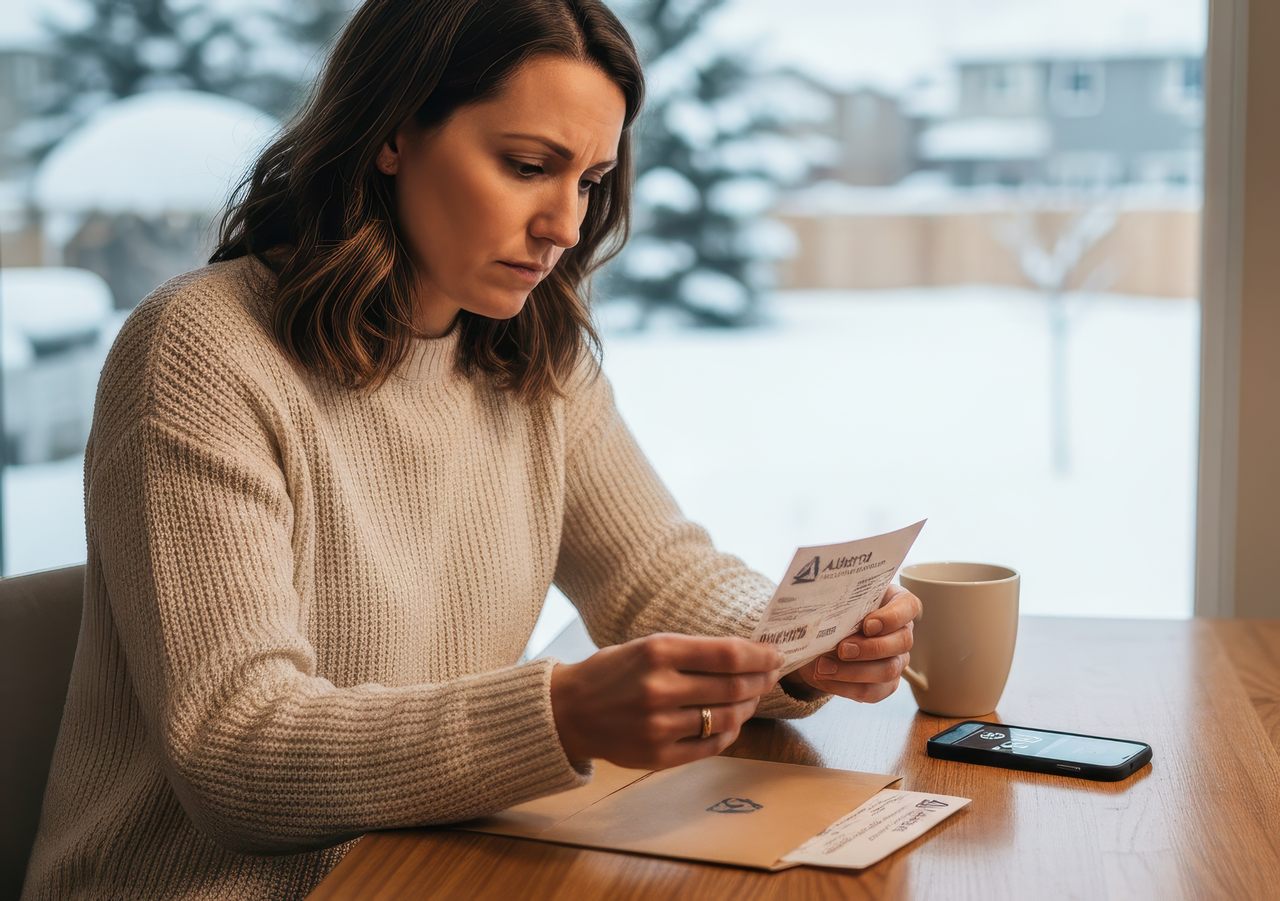 Woman reviewing a utility bill at a table during winter, focused on managing lower energy bills and household heating costs.