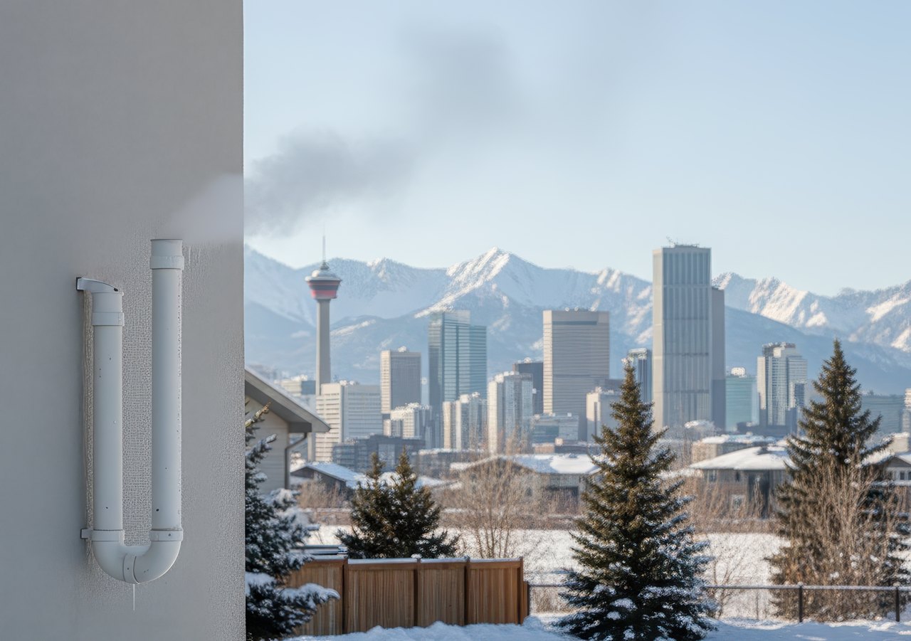 Furnace vent pipe on an exterior wall with Calgary skyline and snowy mountains in the background, showing safe winter exhaust venting.
