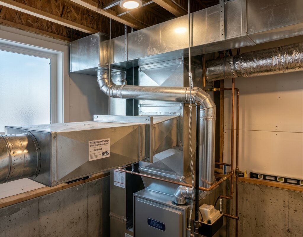 A network of silver sheet metal HVAC ducts and ductwork in a utility room, the kind of system that makes homeowners wonder how often should I get my ducts cleaned