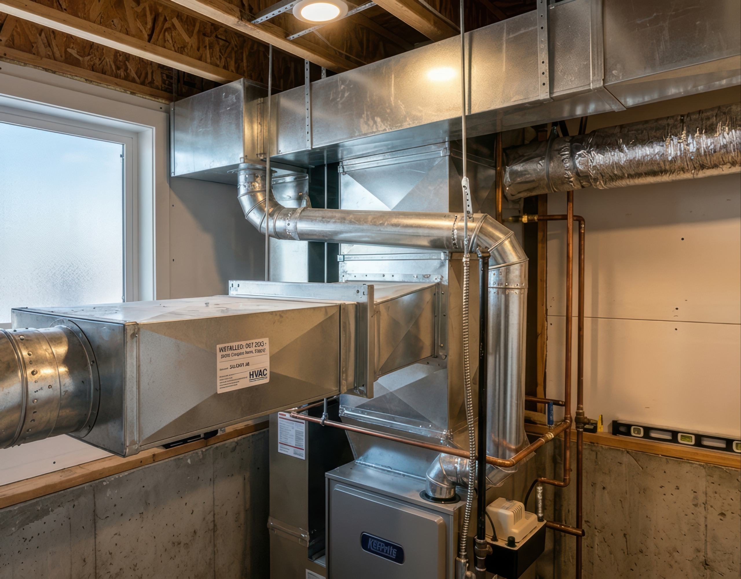 A network of silver sheet metal HVAC ducts and ductwork in a utility room, the kind of system that makes homeowners wonder how often should I get my ducts cleaned