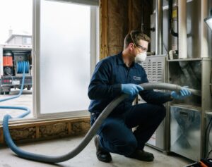 A Calgary duct cleaning technician in a navy uniform, respirator mask, and blue gloves inserting a vacuum hose into a furnace unit, helping homeowners understand is duct cleaning a waste of money.