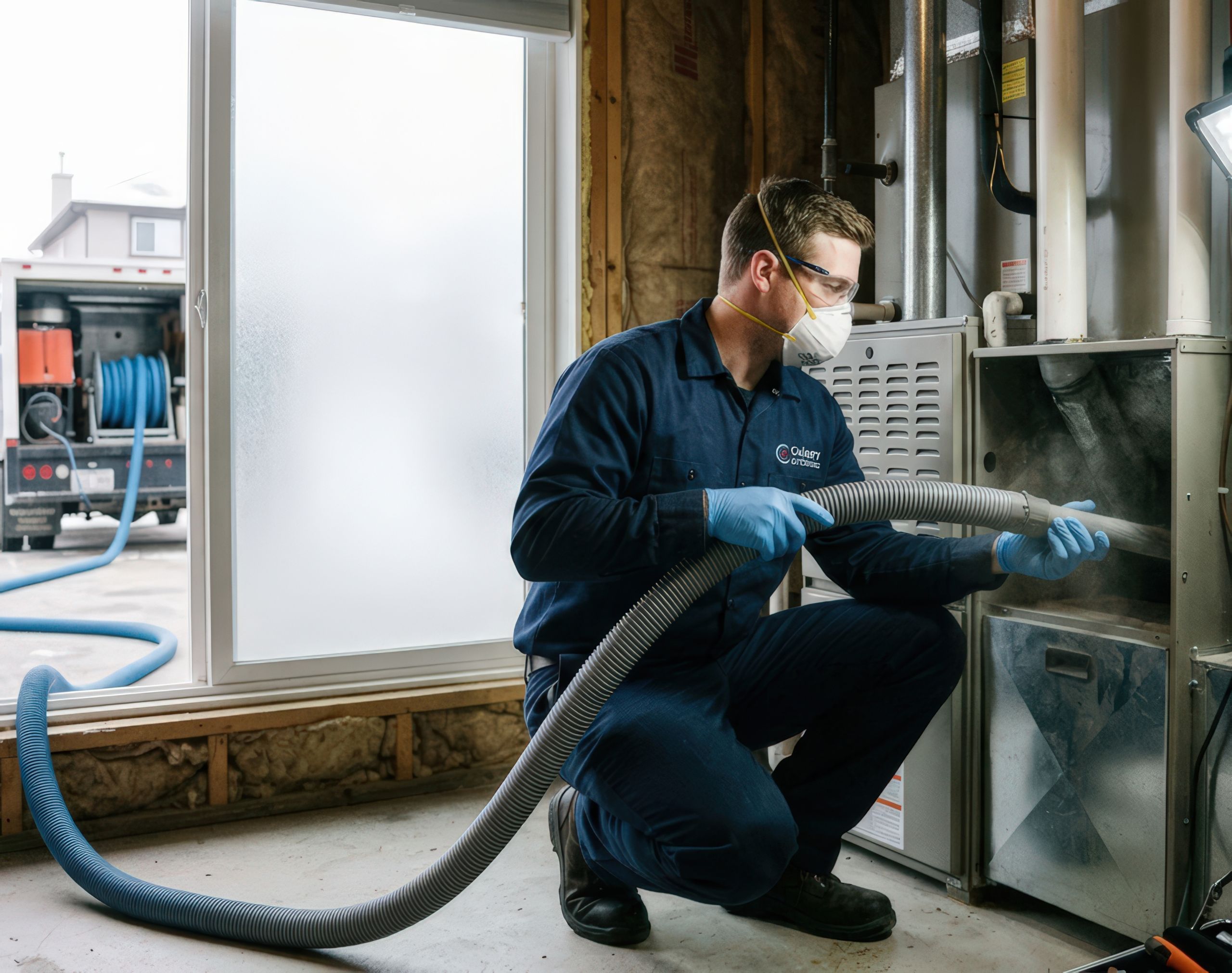 A Calgary duct cleaning technician in a navy uniform, respirator mask, and blue gloves inserting a vacuum hose into a furnace unit, helping homeowners understand is duct cleaning a waste of money.