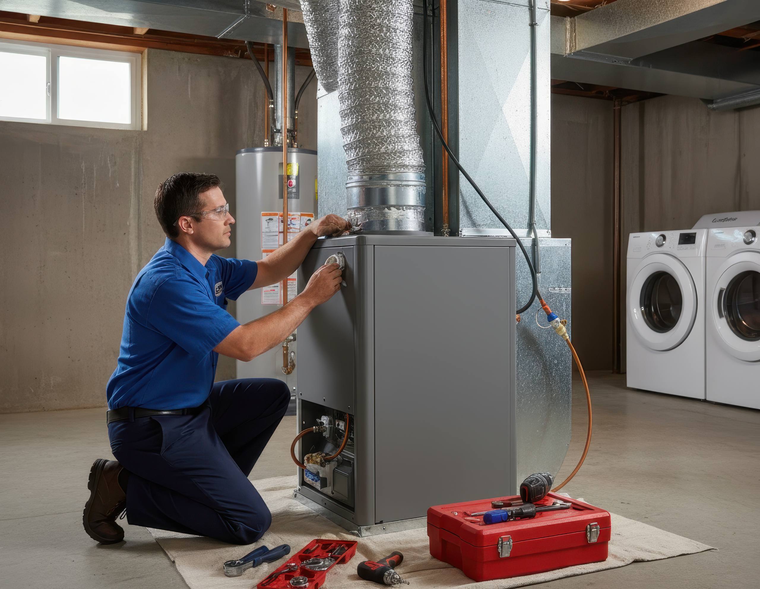 Technician in blue uniform kneeling in a basement, servicing a furnace beside a toolbox, with laundry machines in the background.