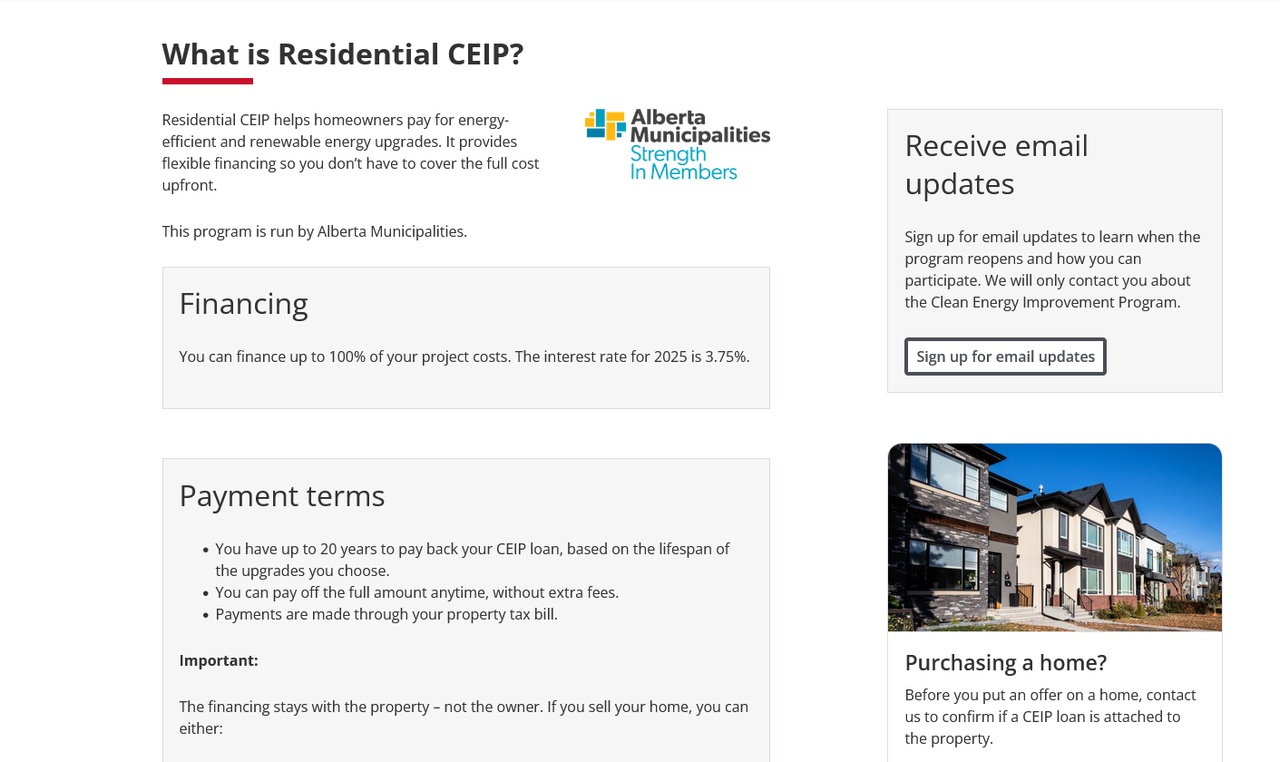 Screenshot explaining Alberta’s Residential CEIP program, detailing financing options, payment terms, and homeowner energy incentives.