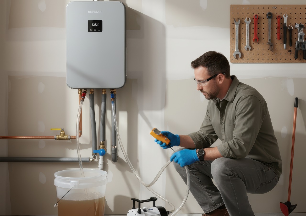 Technician wearing gloves and safety glasses flushing a tankless water heater system, checking readings during maintenance.