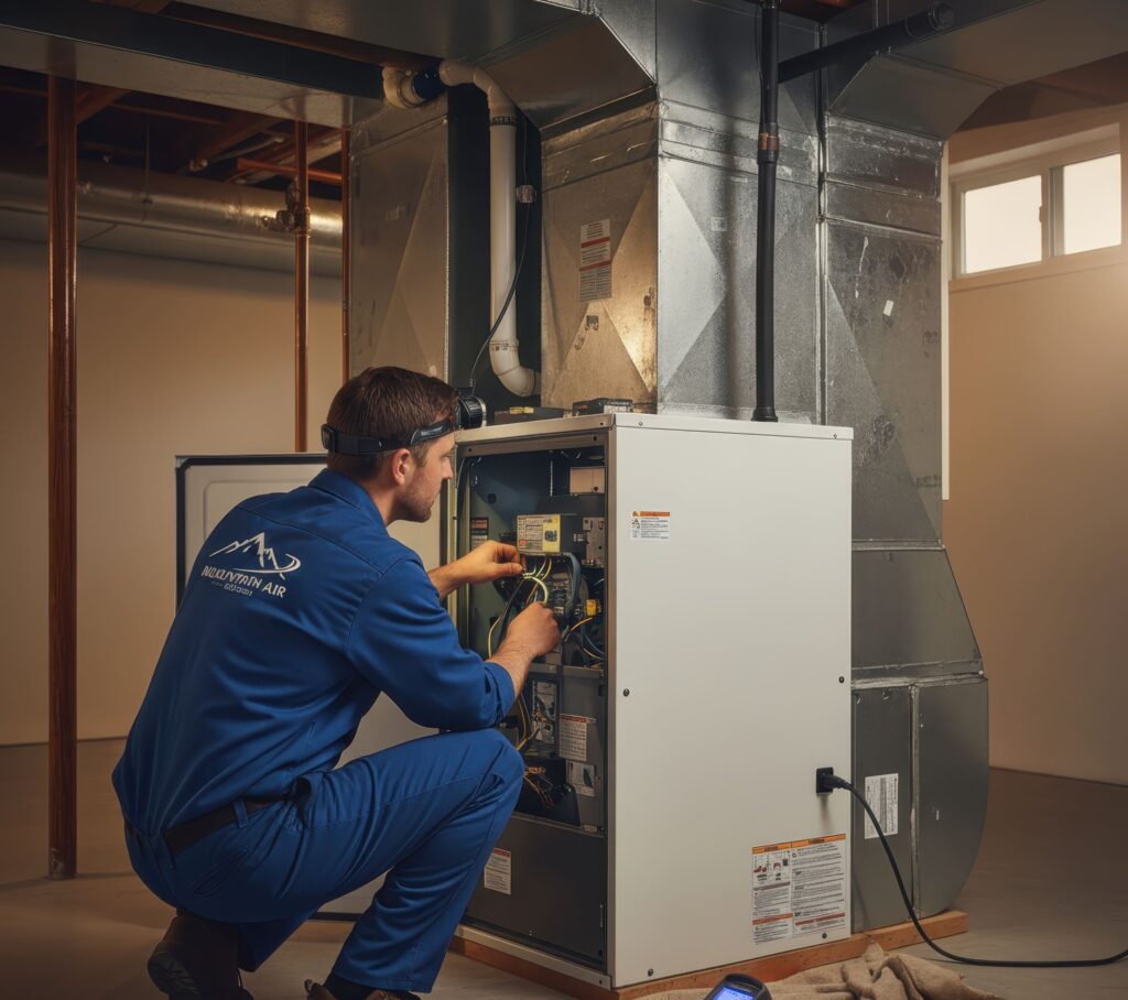 Technician in blue uniform repairs a home furnace system in a basement, checking wiring and components for maintenance.