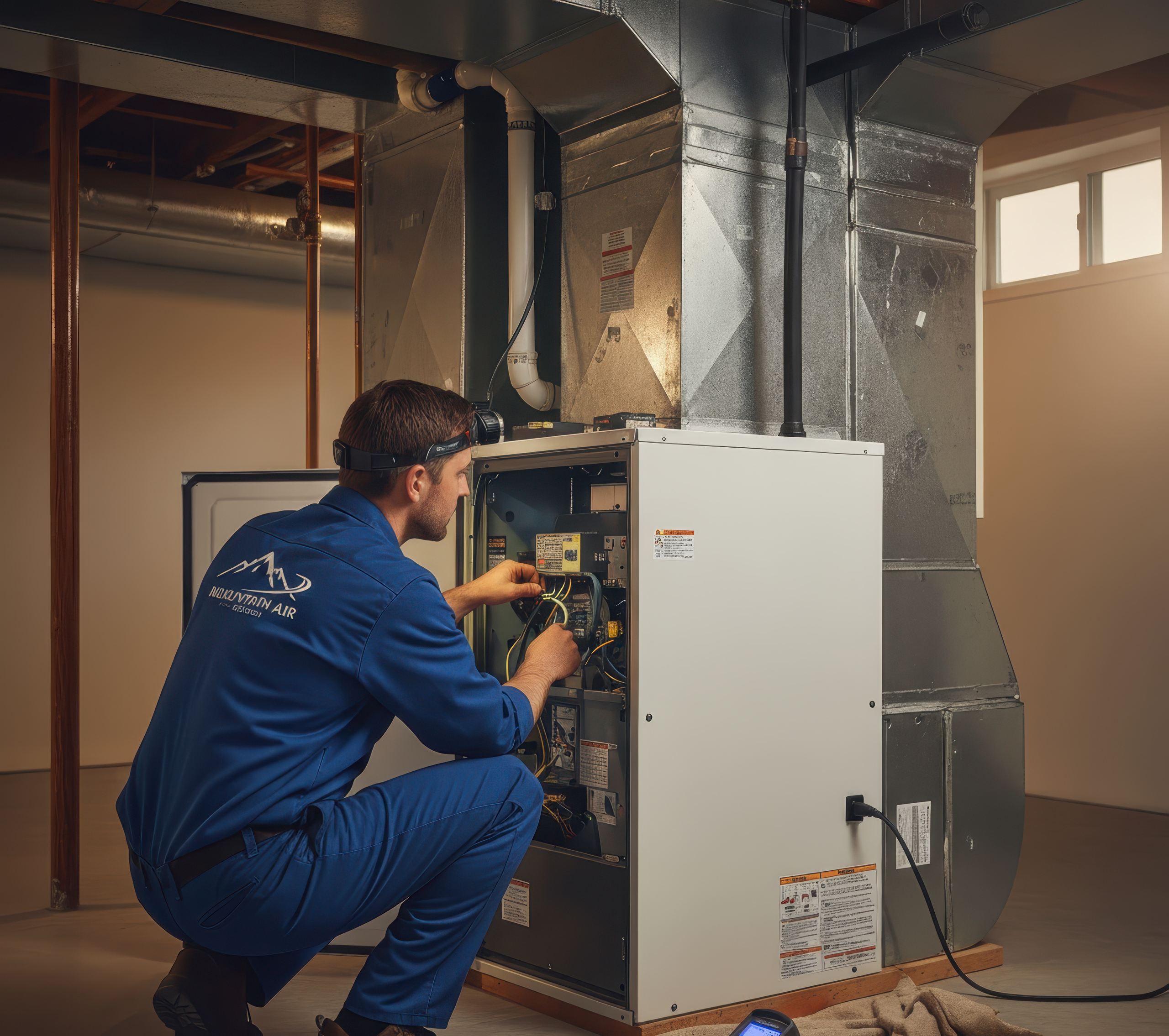 Technician in blue uniform repairs a home furnace system in a basement, checking wiring and components for maintenance.